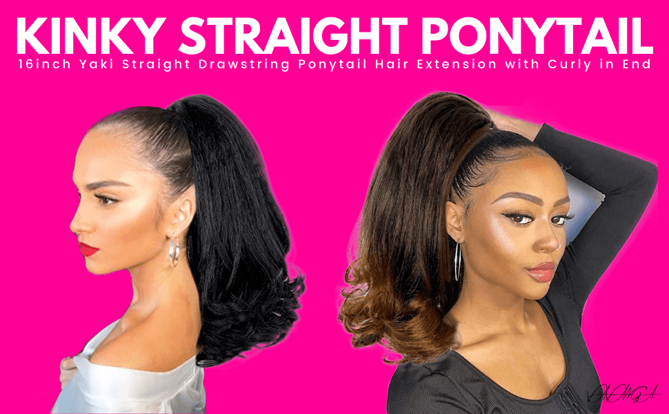 Brown Ombre Yaki Straight Drawstring Ponytail 16inch Kinky Straight Ponytail Extension Curly in End Hair Ponytail Clip in Premium Japan-Made Synthetic Fibers Ponytail for Women(#1B30, LD0251)-4